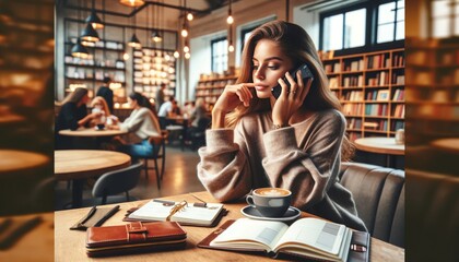 A woman sitting at a cafe with a personal planner, making a call with a coffee cup and a smartphone on the table. - Powered by Adobe