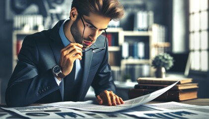 An individual is adjusting their glasses while examining a complex report, indicating meticulousness and expertise in their field.