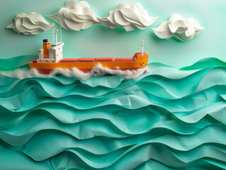 A vibrant scene of a colorful paper crafted fishing boat on turquoise ocean waves, with white paper clouds in a pastel sky..