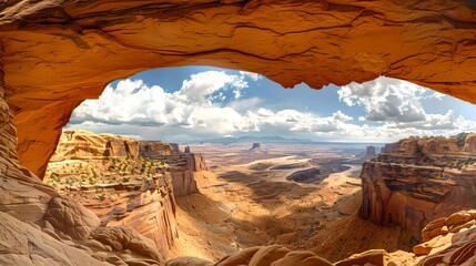 Breathtaking canyon vista seen through a natural arch, vibrant landscape photography, ideal for travel and nature themes. AI - obrazy, fototapety, plakaty