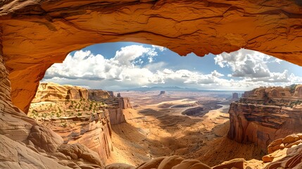 Breathtaking canyon vista seen through a natural arch, vibrant landscape photography, ideal for travel and nature themes. AI