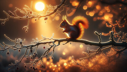 Glowing Squirrel Perched on a Frosted Branch as the Sun Sets - 786927471