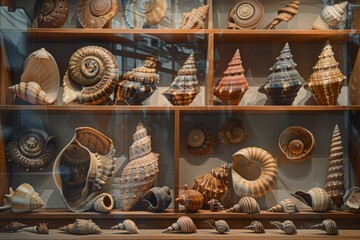 a display case filled with lots of seashells - obrazy, fototapety, plakaty