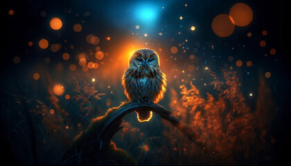 Mystical Owl Perched Under the Enigmatic Blue Twilight Sky - 786927604