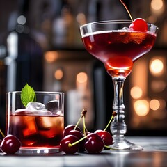 A classic manhattan cocktail with a cherry garnish3