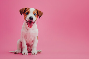 portrait of small adorable white and brown puppy smiling on pink background with copy space