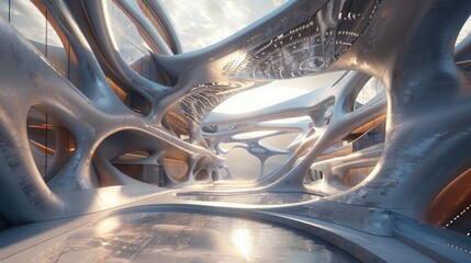 Capture the metamaterial-inspired design of a space-age architectural concept, pushing the...