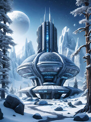 futuristic space base on frozen alien planet, generative ai illustration
