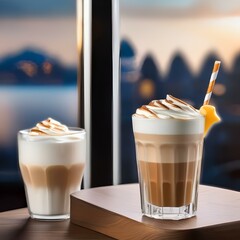 A glass of frothy almond milk latte with latte art3 - obrazy, fototapety, plakaty