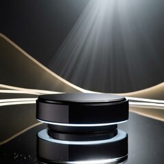 black and white,A futuristic podium with a dark, glossy surface illuminated by dynamic lighting...