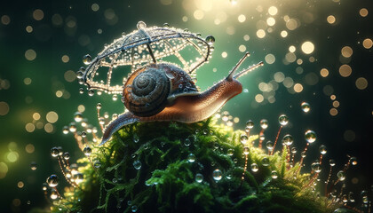 Lustrous Pathways: Snail's Adventure on a Dew-Kissed Leaf - 786928298