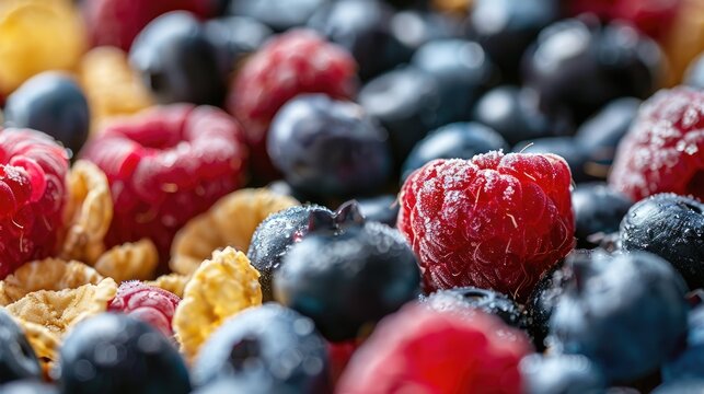 Stock photo of cereals with raspberries and blueberries