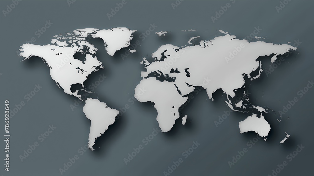Poster 3d world map render on a grey background. simplistic global representation. useful for educational a