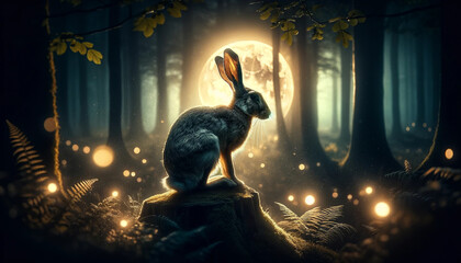 Contemplative Rabbit Witnessing the Forest's Midnight Magic - 786928619