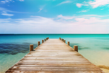 Naklejka premium Wooden pier over the clean blue sea or ocean on sunny summer day