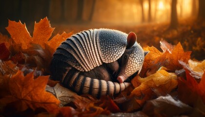 An armadillo curled up in a ball among autumn leaves with morning dew accentuating its armored shell.