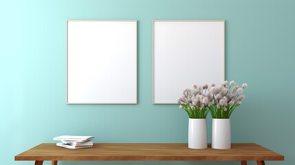Two Empty Mockup Picture Frames on Cozy Room's Blue Wall 