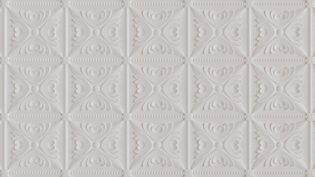 Fototapeta White 3D Rosette Pattern Background. Intricate Light Decorative Wallpaper.