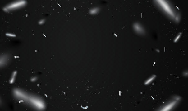 Silver confetti flying on transparent background with glitter particles for celebration party, Christmas, New Year, Carnival festivity, Valentine&rsquo;s Day, Holiday, birthday, festive event. Vector EPS10.