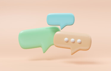 Minimalist blue green and yellow speech bubbles talk icons floating over orange background. Modern conversation or social media messages with shadow. 3D rendering