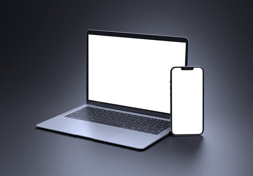 PARIS - France - September 1, 2023: Newly released Apple Macbook Air and Iphone 14, Silver color. Side view. 3d rendering laptop screen mockup on dark