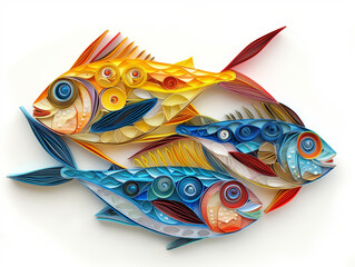 Quilled Paper Fish Artwork on White Canvas.