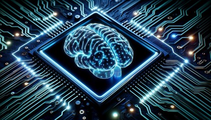 A detailed view of a neon-lit circuit board with a translucent 3D model of a brain at its center, symbolizing the sophistication of machine learning.