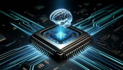 A futuristic microchip with a holographic brain hovering above it, symbolizing advanced AI processing capabilities.