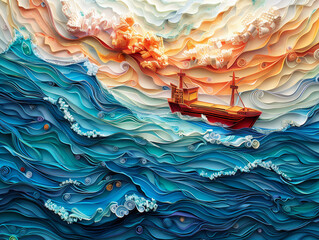 A vibrant scene of a colorful paper crafted fishing boat on turquoise ocean waves, with white paper...