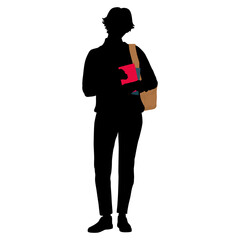 Silhouette of young female student stands dressed in a loose sweater and jeans. Smiling girl with a backpack and a books. Woman in casual clothing. Vector illustration set isolated on white