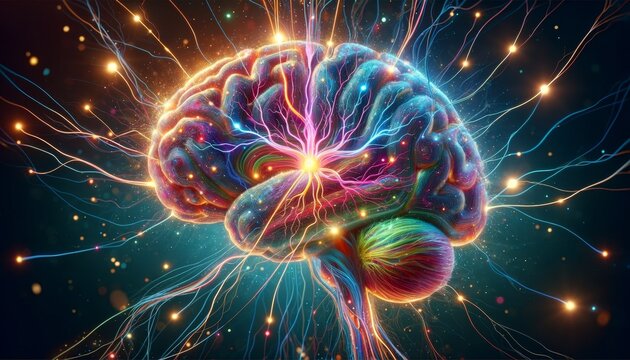 A hyper-detailed and vibrant cross-section of the human brain with highlighted neural pathways and sparking synapses.