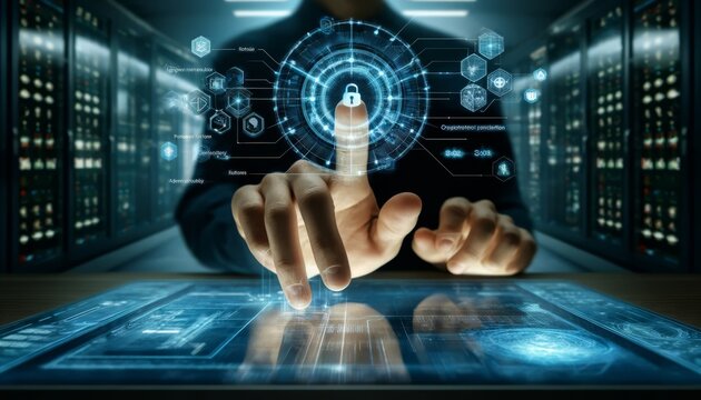 An image depicting a person’s hand touching a digital interface with multiple layers of firewalls and security measures.