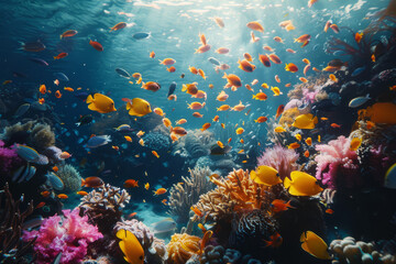 A bustling underwater coral reef ecosystem teeming with colorful tropical fish, showcasing the biodiversity of marine life..