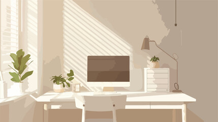 Cozy white desk in an indoor workspace flat vector isolated