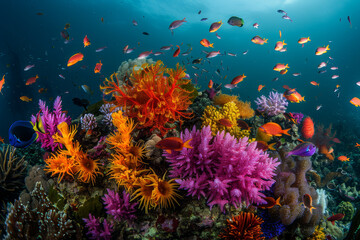 Obraz na płótnie Canvas A bustling underwater coral reef ecosystem teeming with colorful tropical fish, showcasing the biodiversity of marine life..