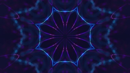 Digital mandala styled abstract background with glowing neon pink and blue energy light beams. This kaleidoscopic spiritualism background is full HD and a seamless loop. - Powered by Adobe