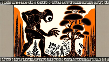 A giant cyclops wanders through an ancient Greek forest, captured in a black-figure pottery style.