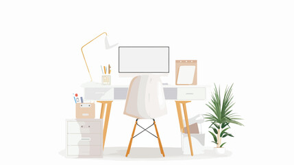 Cozy white desk in an indoor workspace flat vector isolated
