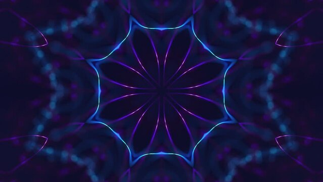 Digital mandala styled abstract background with glowing neon pink and blue energy light beams. This kaleidoscopic spiritualism background is full HD and a seamless loop.