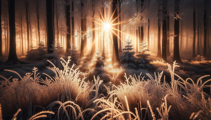 Radiant Sunbeams Penetrate the Icy Veil of the Silent Forest - 786930253