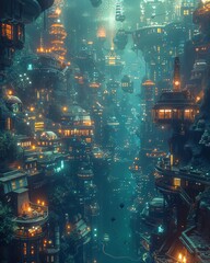 Dive into a bioluminescent cityscape beneath the waves Show underwater skyscrapers, glowing sea vehicles, and futuristic marine life in pixel art style