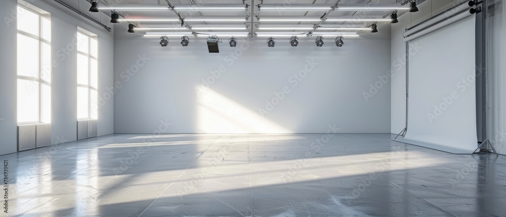 Poster lighted photo studio with empty backdrop. 3d image