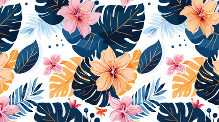 Creative seamless pattern with tropical leaves and fl
