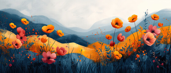 painting of a field of flowers with mountains in the background