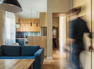 A blurred man walking in a modern apartment interior with a blue sofa and wooden kitchen cabinets, long exposure