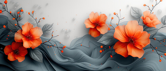 a two orange flowers on a gray background with leaves