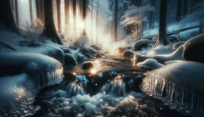 Mystical Frozen Realm Unveiled by the Dawn's Gentle Caress - obrazy, fototapety, plakaty