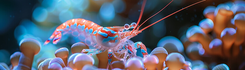 Colorful  Mantis Shrimp Over Coral Reef. - obrazy, fototapety, plakaty