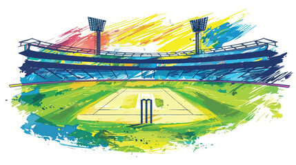 Cricket stadium line drawing illustration vector. Pla - obrazy, fototapety, plakaty