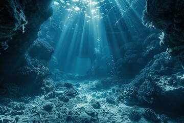 an underwater cave with sunlight streaming through the water - obrazy, fototapety, plakaty